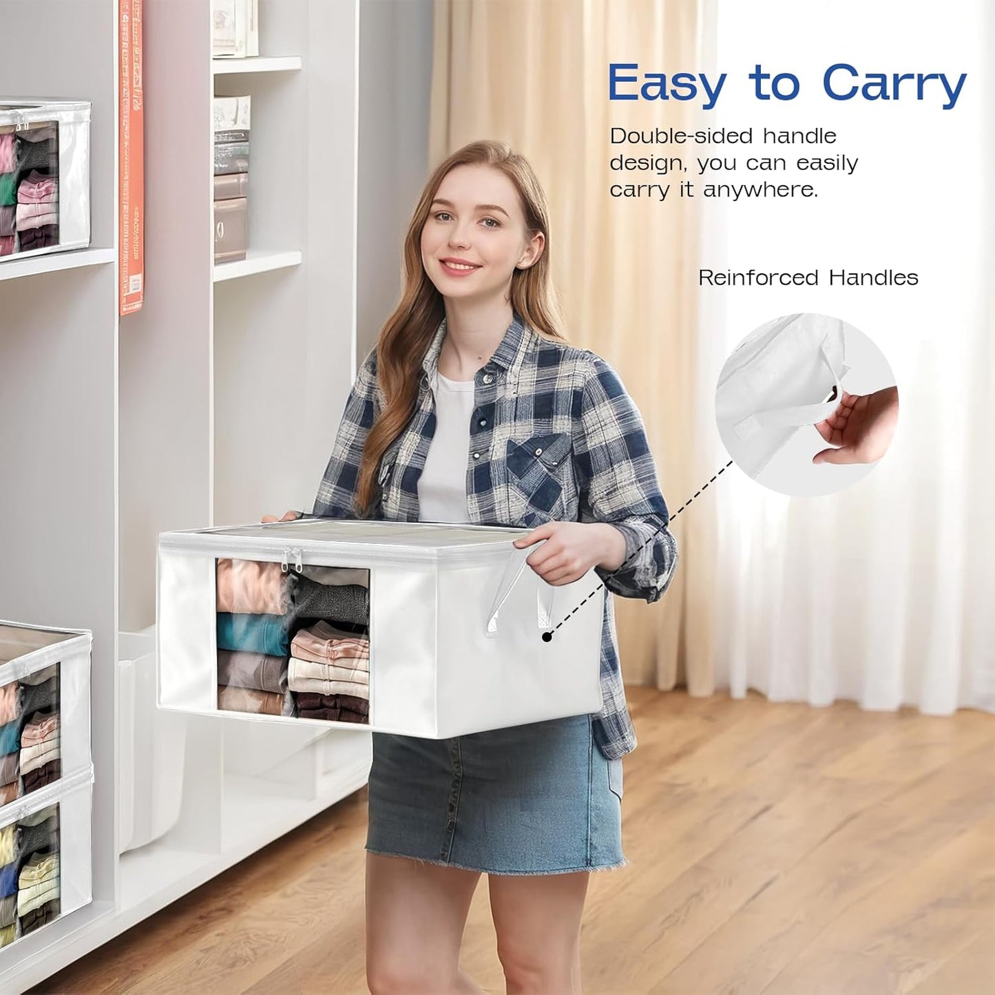 Clothes Storage Bags, Foldable Thick Fabric Blanket Storage Bags, Large Clear Window & Carry Handles, Great for Clothes, Blankets, Closets, Pillows, Toys (White, 6PACK)