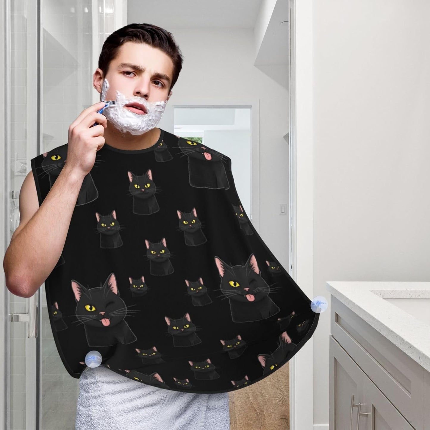 Beard Bib Apron for Men Shaving, Waterproof Non-Stick Hair Catcher with Suction Cups, Grooming Essential for Dad Husband, Cool Funny Black Cats Shave Bib