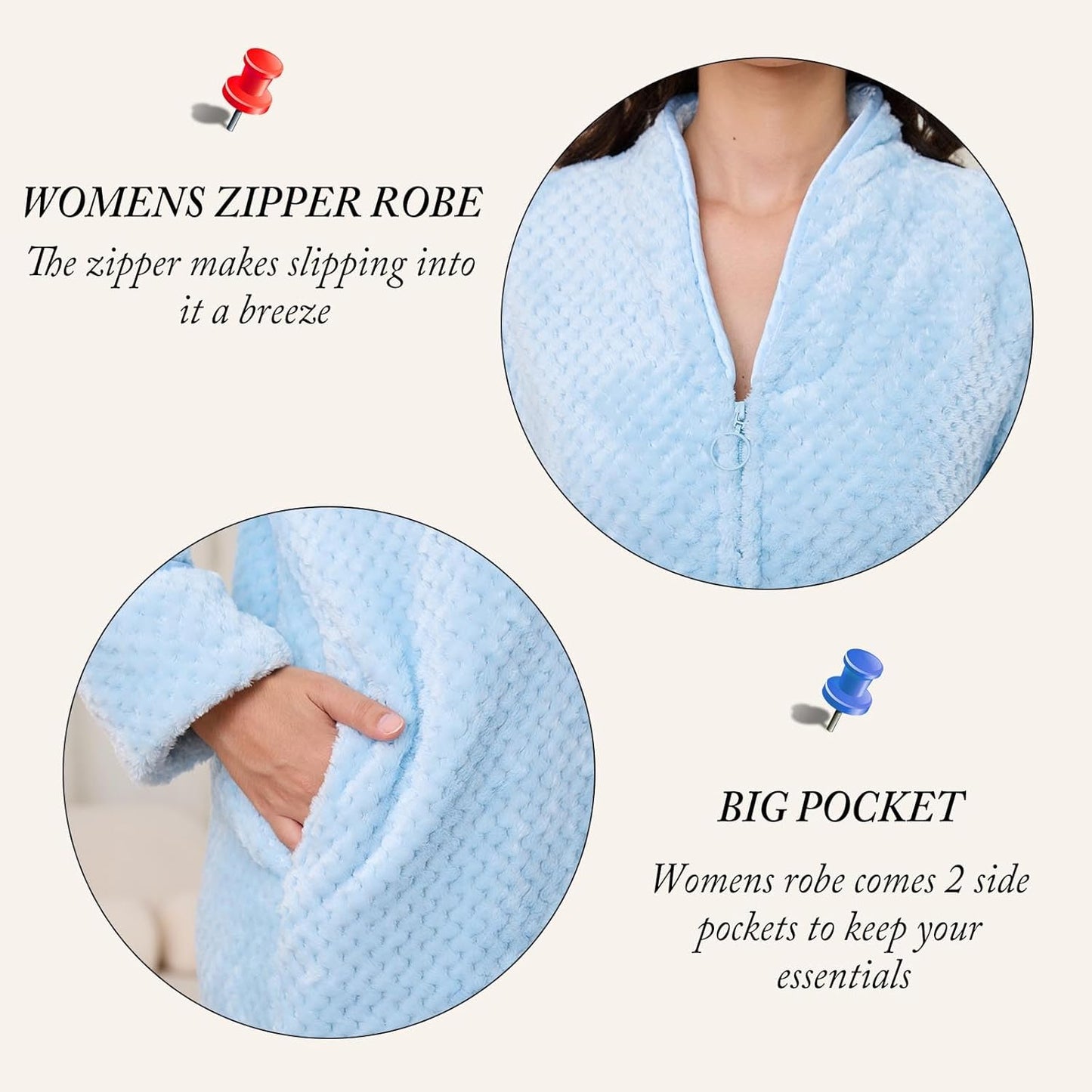 Artfasion Womens Fleece Robe Plush Long Zip Front Bathrobe with Pockets Warm Soft Zippered Bathrobes for Women