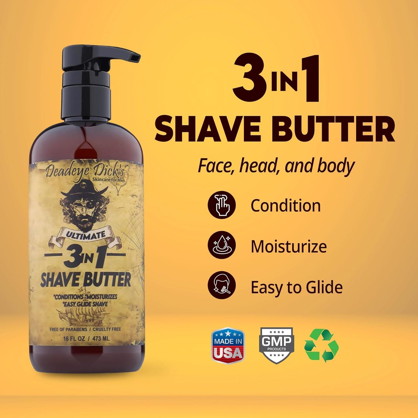 DeadeyeDick's 3-in-1 Shave Butter | Natural Shave Cream for Face, Head & Body | Gentle, Non-Irritating Formula for All Skin Types | 16 FL OZ