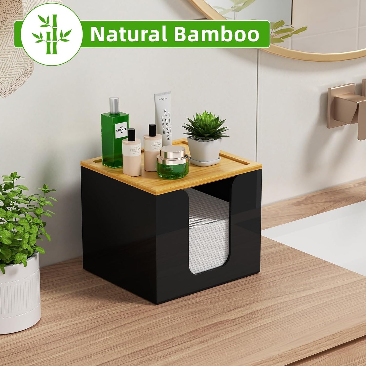 VITVITI Disposable Face Towel Holder Box, Acrylic Facial Towel Container for XL Clean Skin Club, Large Disposable Face Towels Storage with Bamboo Lid, for Bathroom, Vanity Makeup, Black