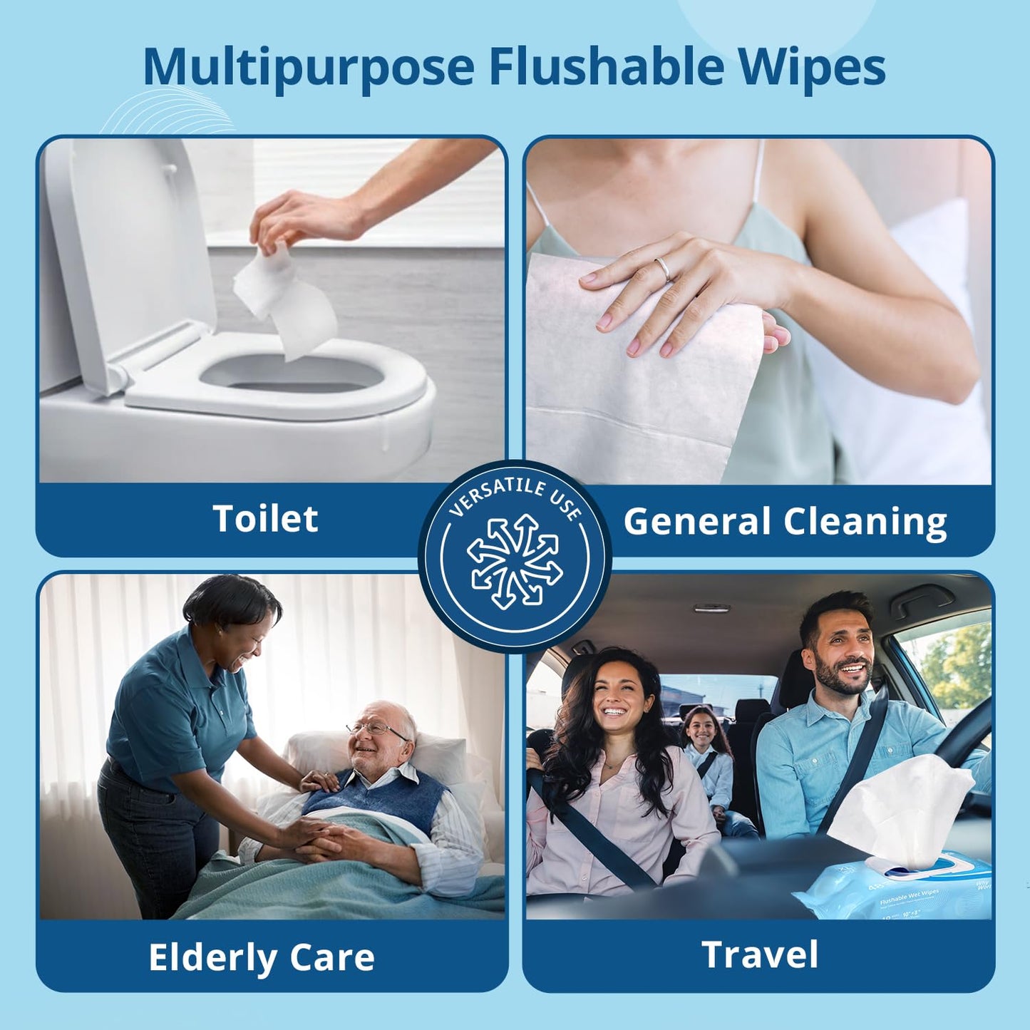 WhyWorry Flushable Wipes for Adults, Extra Large 8"x10" Butt Wipes for Toilet & Personal Cleansing, Chamomile and Vitamin E, 100% Plant-Based, Septic & Sewer Safe, Sea Incense, 144 Count (3 Packs)