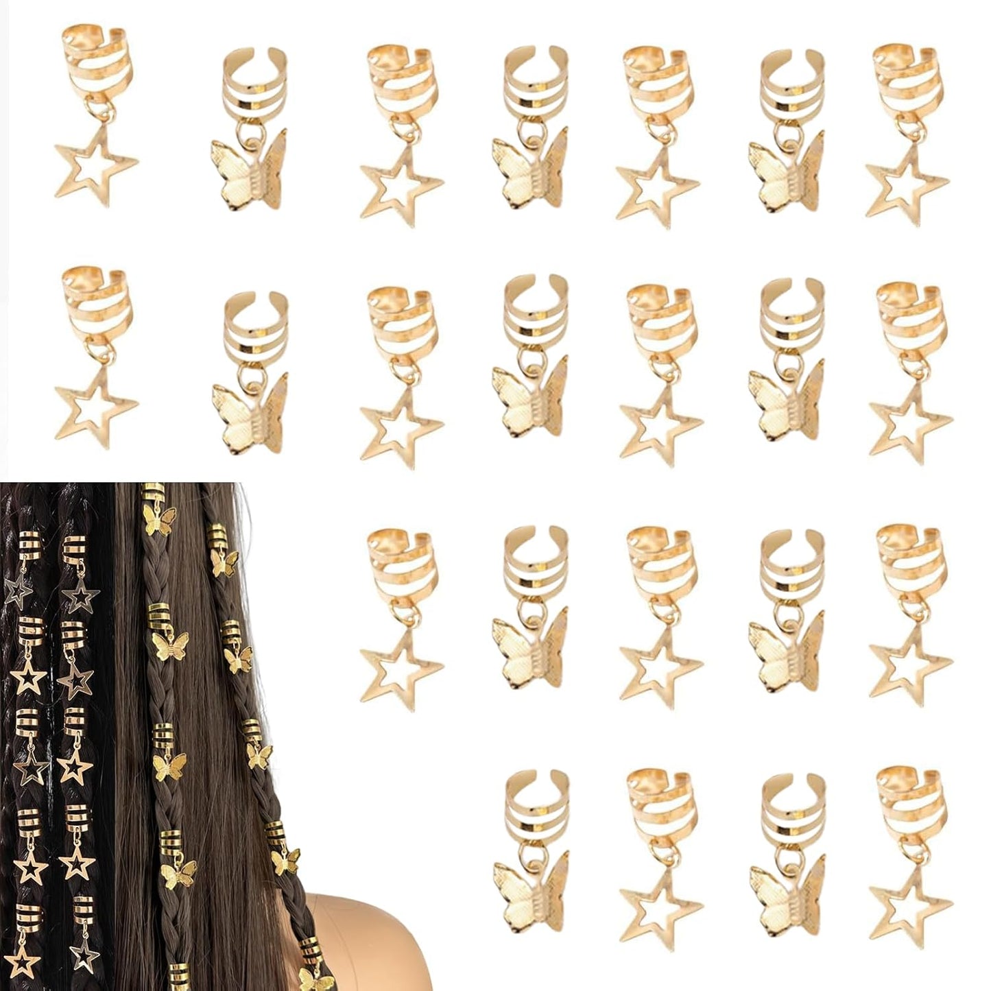 Silver Hollow Star ButterflyHair Jewelry for Braids; ButterflyMetals Cuffs Clip Hair Accessories Styling Fashion Toos for Women Men 35 Pcs (Gold)