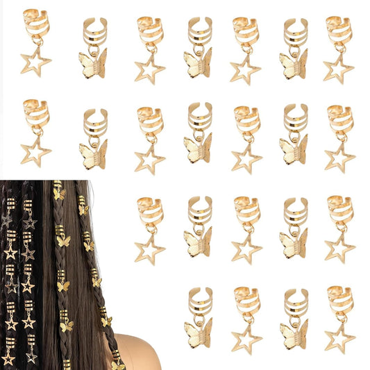 Silver Hollow Star ButterflyHair Jewelry for Braids; ButterflyMetals Cuffs Clip Hair Accessories Styling Fashion Toos for Women Men 35 Pcs (Gold)