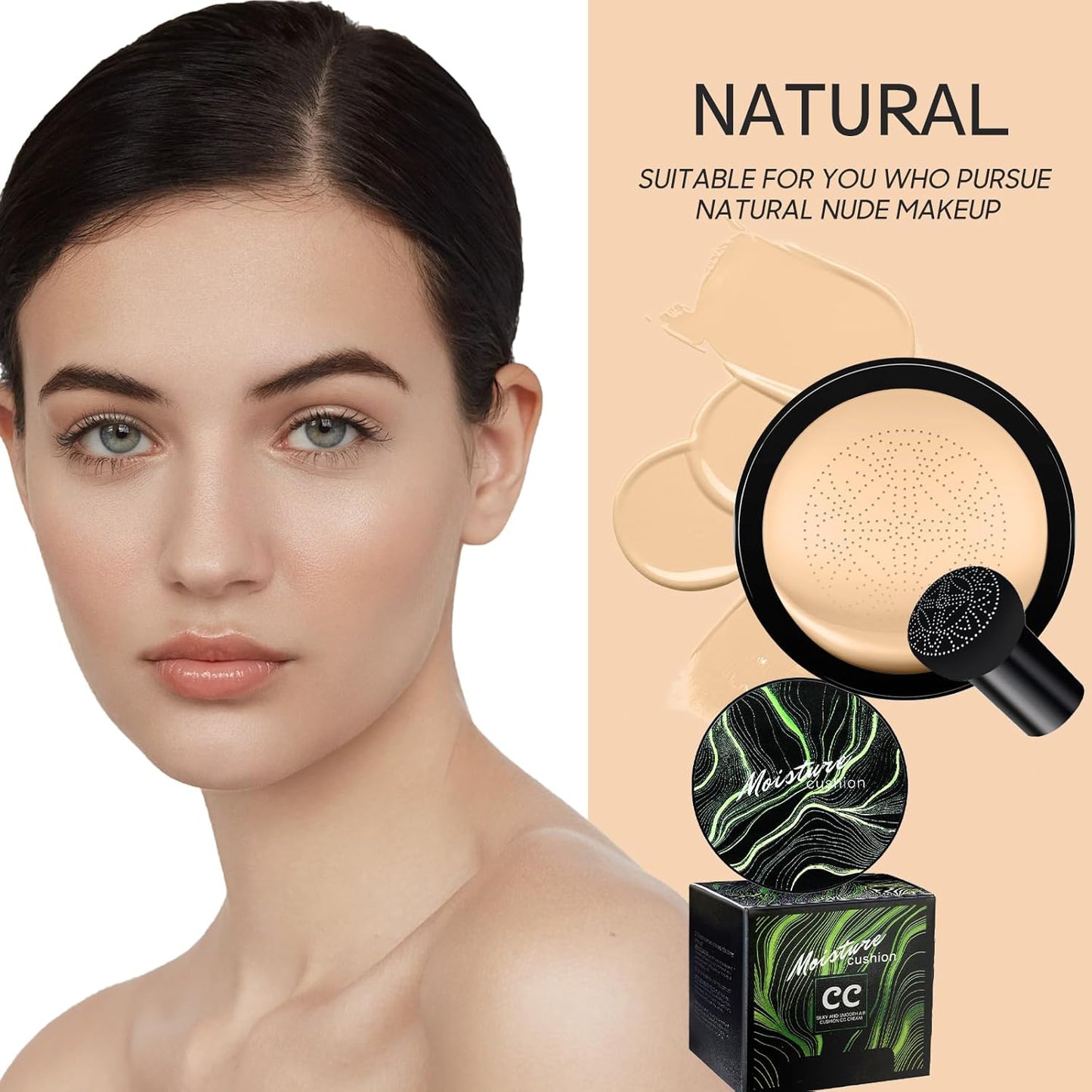 Mushroom Head Air Cushion CC Cream - BB Cream Foundation Makeup Moisturizing Concealer Long-Lasting, Cushion Foundation Full Coverage Self Adjusting for Mature Skin & All Skin Types (Natural)