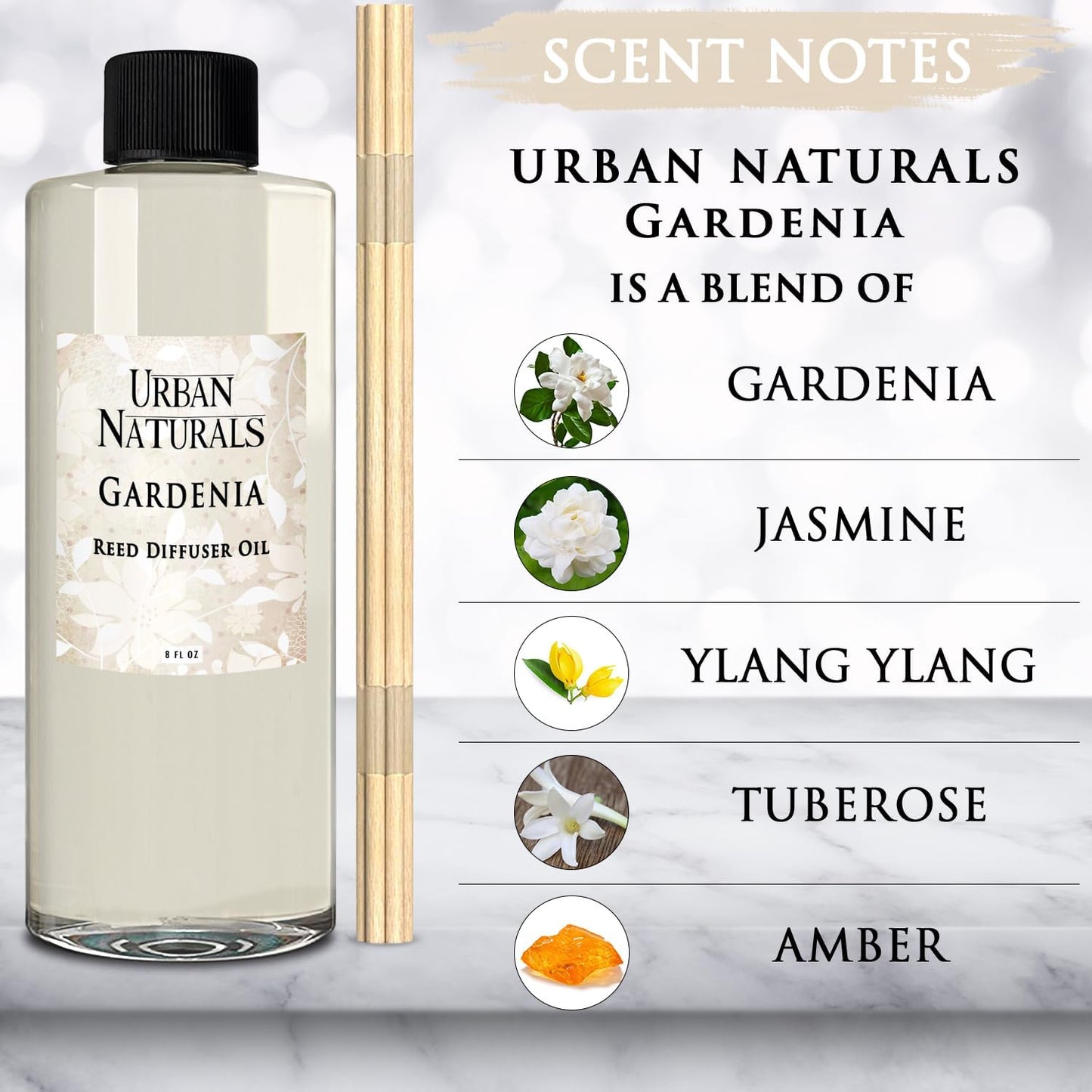 Urban Naturals Reed Diffuser Oil Refill Flower Shop with Violets, Daisies, Green Stems, Hyacinth, Rose 8 oz + Free Reed Sticks, Made in The USA