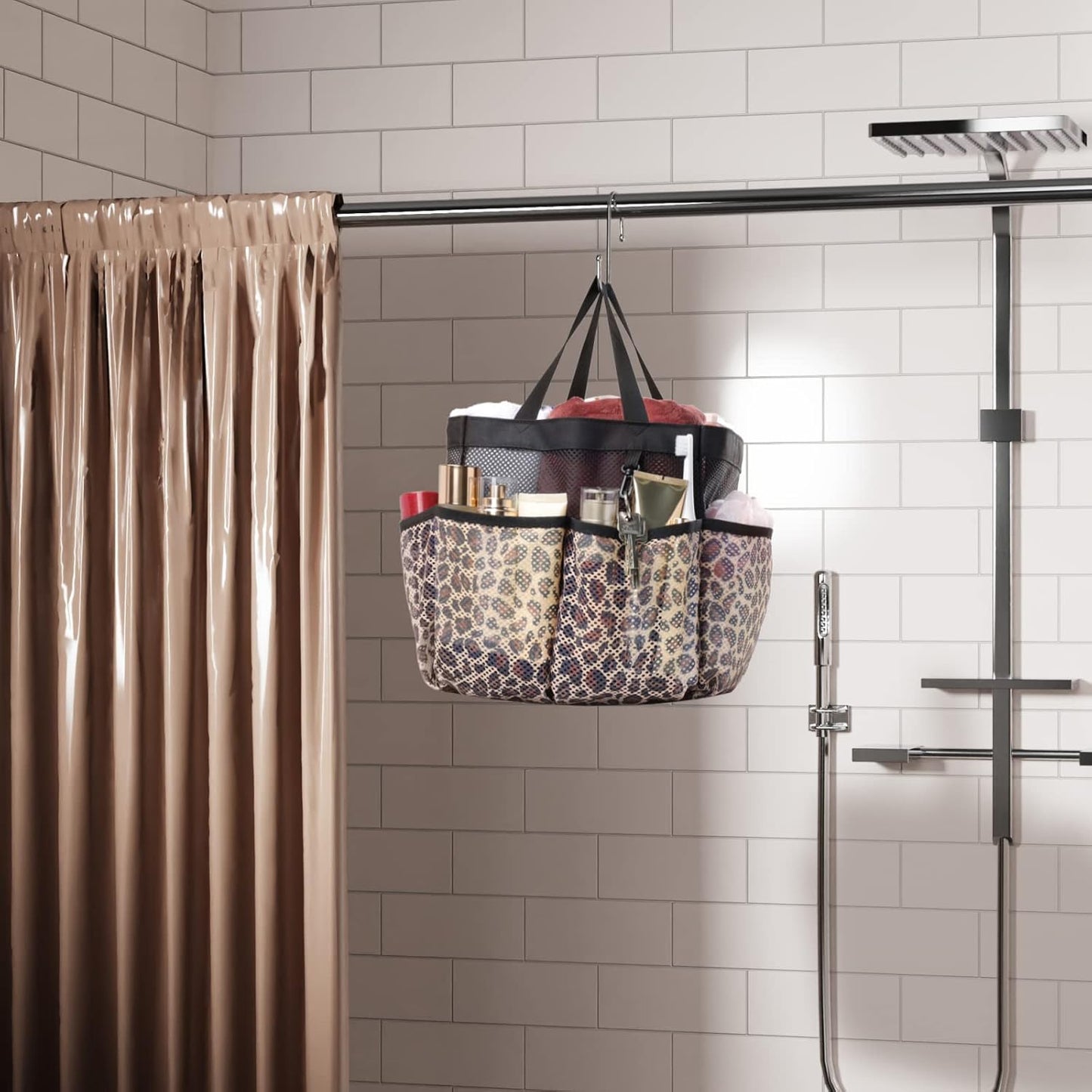 F-color Shower Caddy Portable - Mesh Shower Bag Basket Tote for College Dorm Room Essentials Bathroom Gym Camp Quick Dry for Women Men with S Hook, Leopard