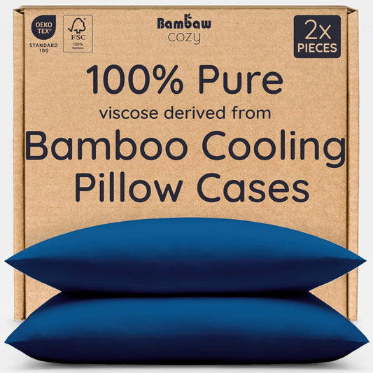 Bambaw 100% Viscose Derived from Bamboo Pillowcase Queen Size – Set of 2 Cooling Pillow Cases Queen, Envelope Pillow Cases Queen, Navy Blue Pillow Case, Breathable & Anti Acne Pillow Cases (Navy Blue)