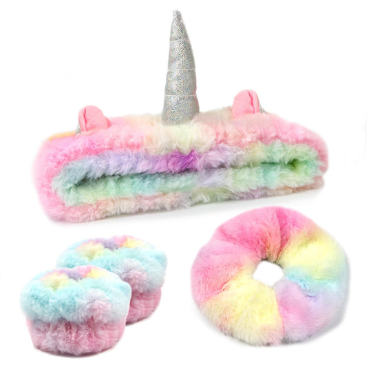 Face Wash Headband Set With Wrist Bands and Hair Scrunchie - Cute Rainbow Elastic Spa Hair Bands for Washing Face, Makeup, Skincare