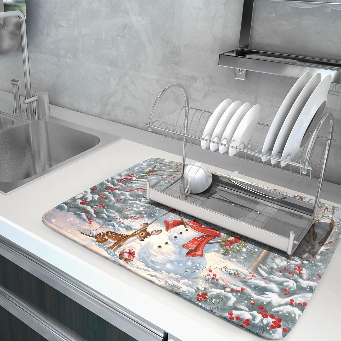Winter Snowman Dish Drying Mat for Kitchen Counter Red Bird Berry Dishes Drainer Mats Holiday Microfiber Absorbent Dish Rack Pad 18x24 Inch