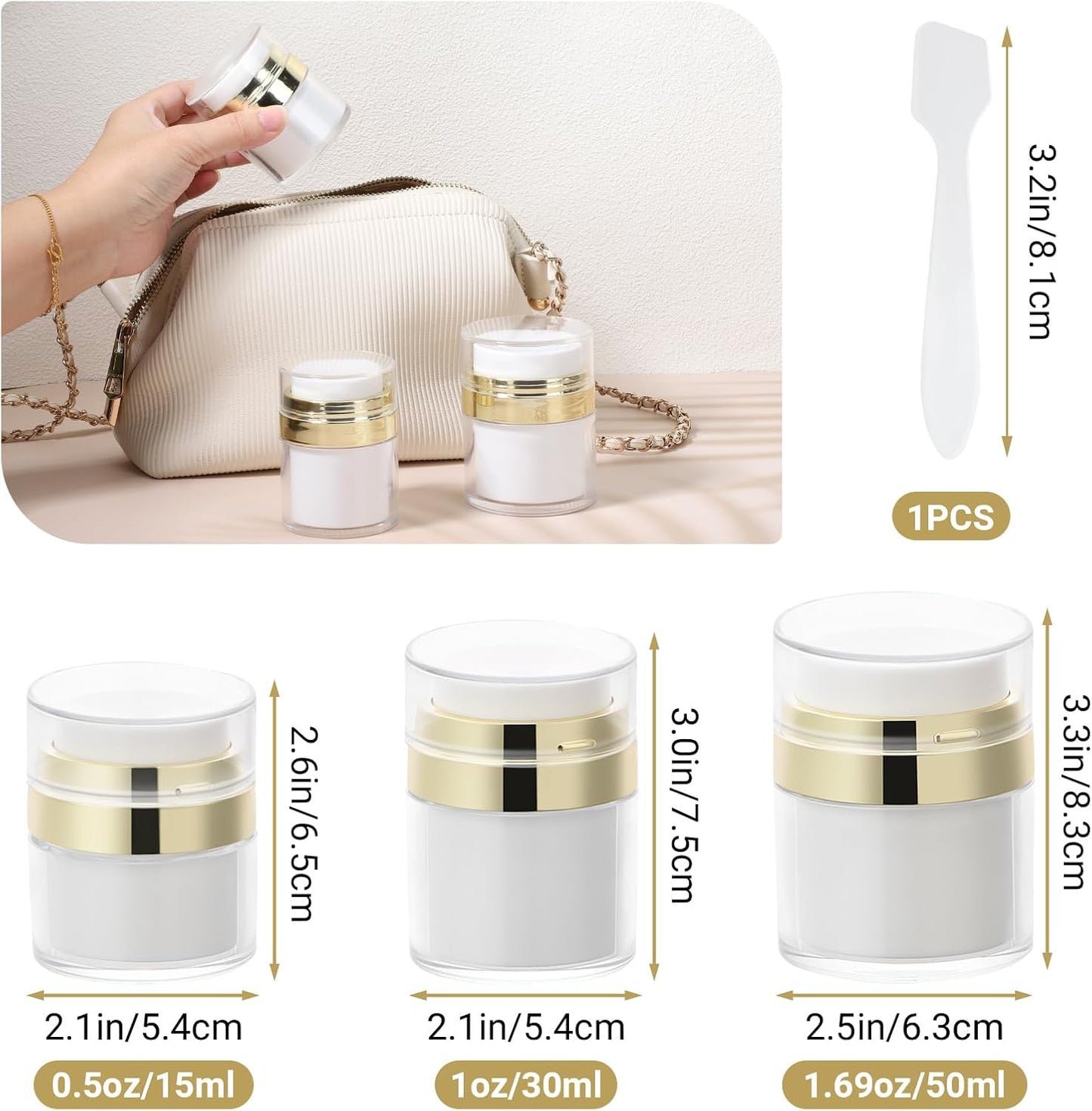 Segbeauty 3Pack Airless Pump Jar Lotion Container, Mixed Pack Empty Cream Subpackage Jar Vacuum Bottle Dispenser, Gold Refillable Cream Vacuum Bottles Travel Size for Lotion Moisturizer Creams