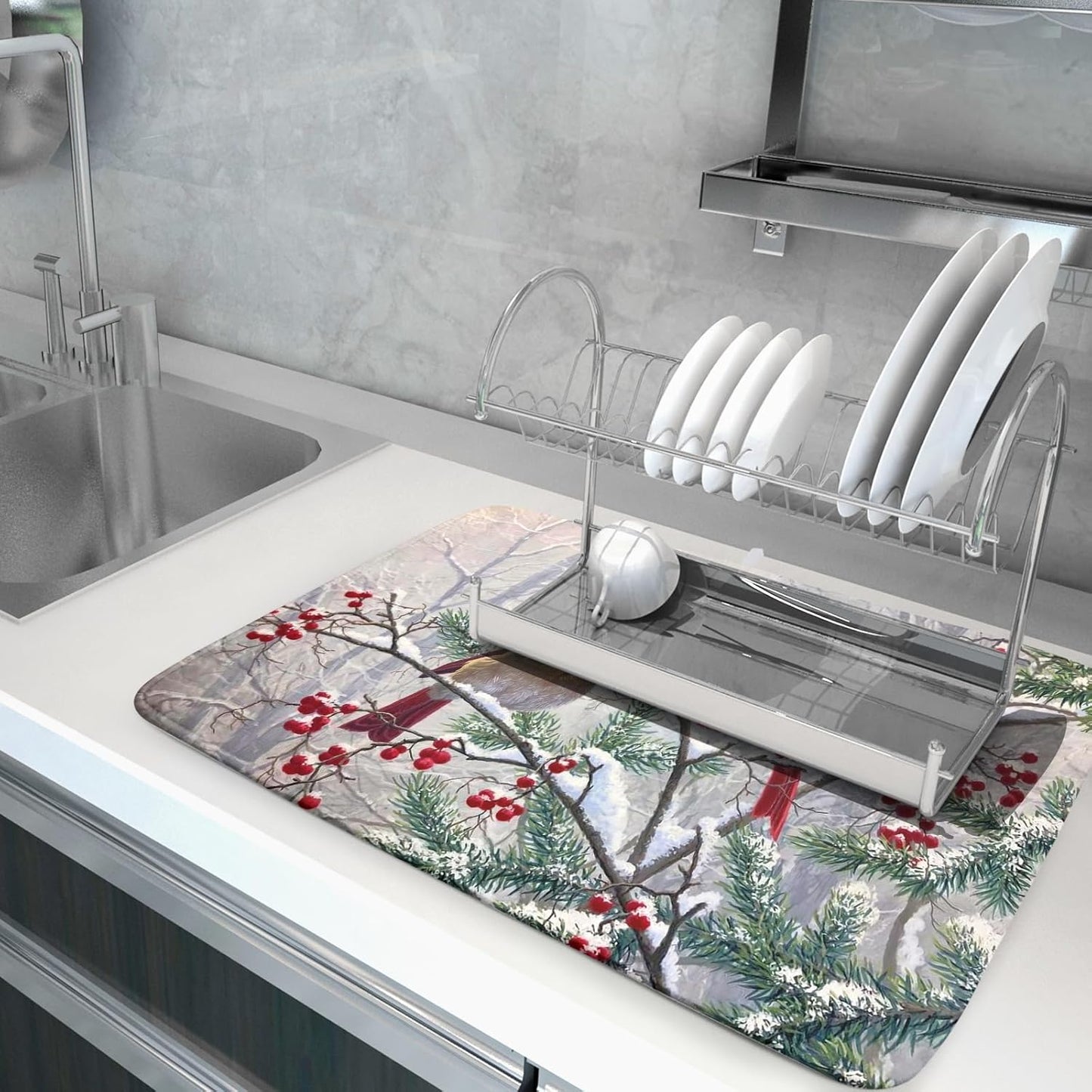 Red Bird Dish Drying Mat Merry Christmas Dishes Pad Absorbent Fast Dry Dish Drainer Mat Protector for Kitchen Counter 18 x 24 Inches