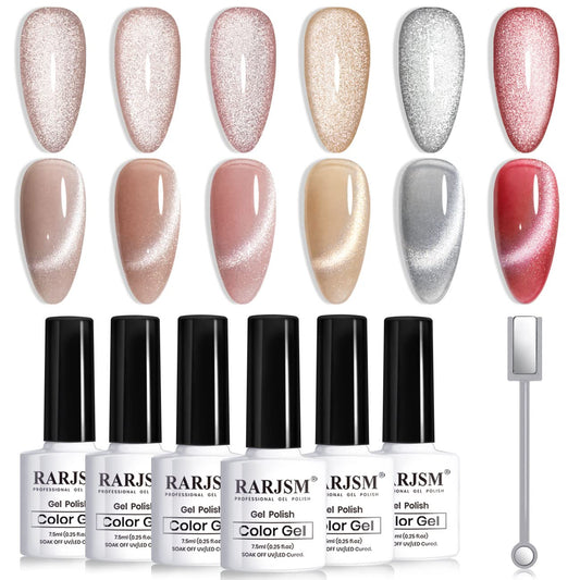 RARJSM Cat Eye Gel Nail Polish Set Silver Glitter Nude Purple Pink Red Champagne Gold Brown 6 Colors 9D Galaxy Velvet Ice Jelly Gel Polish with Magnet Stick UV LED Curing Requires Soak Off Home Salon