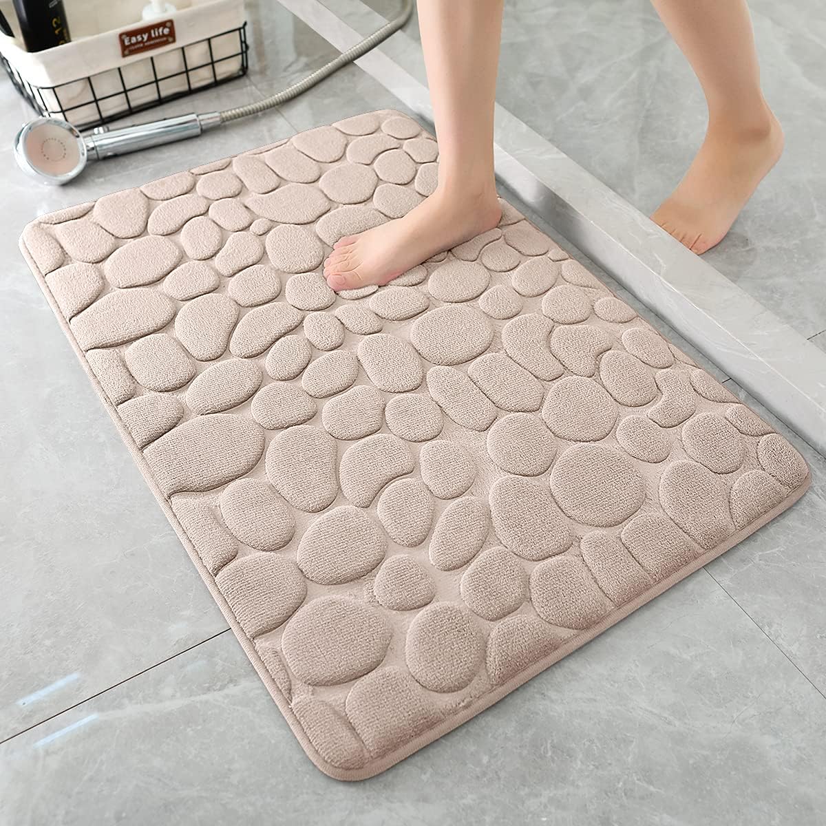 YIHOUSE Memory Foam Bath Mat Cobblestone Bathroom Rugs Super Water Absorbent Bath Mats for Bathroom Machine Washable Bath Rugs(20x32,Khaki)