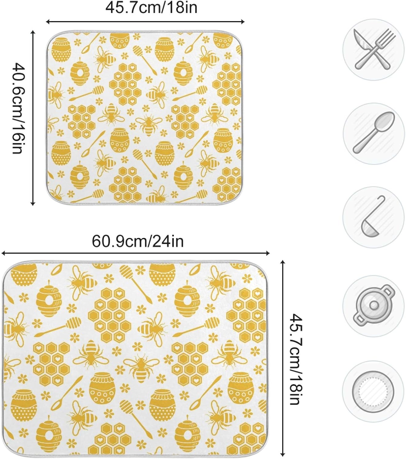Yellow Dish Drying Mat Bee Honey Large Kitchen Counter Mat 18x24 Inch Microfiber Drying Pad Bottles Dish Drainer Mats Absorbent Microfiber Sink Mats