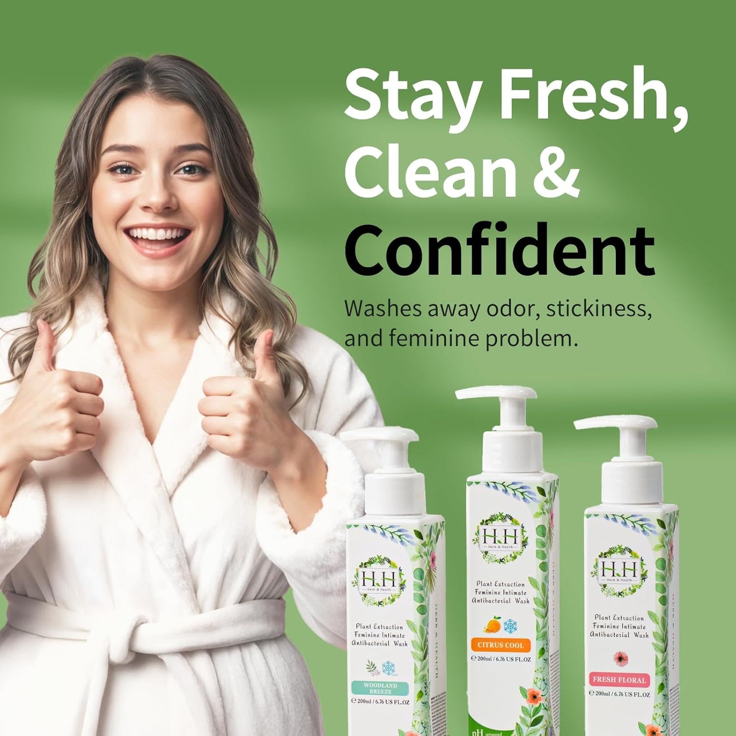 HH Herb & Health Feminine Wash for Women, pH3.6 Lactobacillus Cleanser with Botanical Extracts, Hydrating Intimate Care for Odor Dryness and Itch, Sensitive Skin Safe, Woodland Breeze Scent Cool