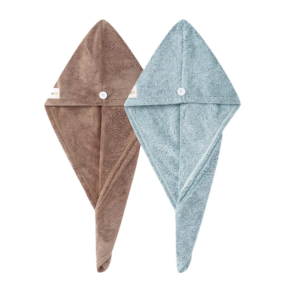 2 Pack Hair Drying Towels, Hair Wrap Towels,Absorbent Microfiber Hair Towel Turban with Button Design to Dry Hair Quickly(Star Green&Camel)