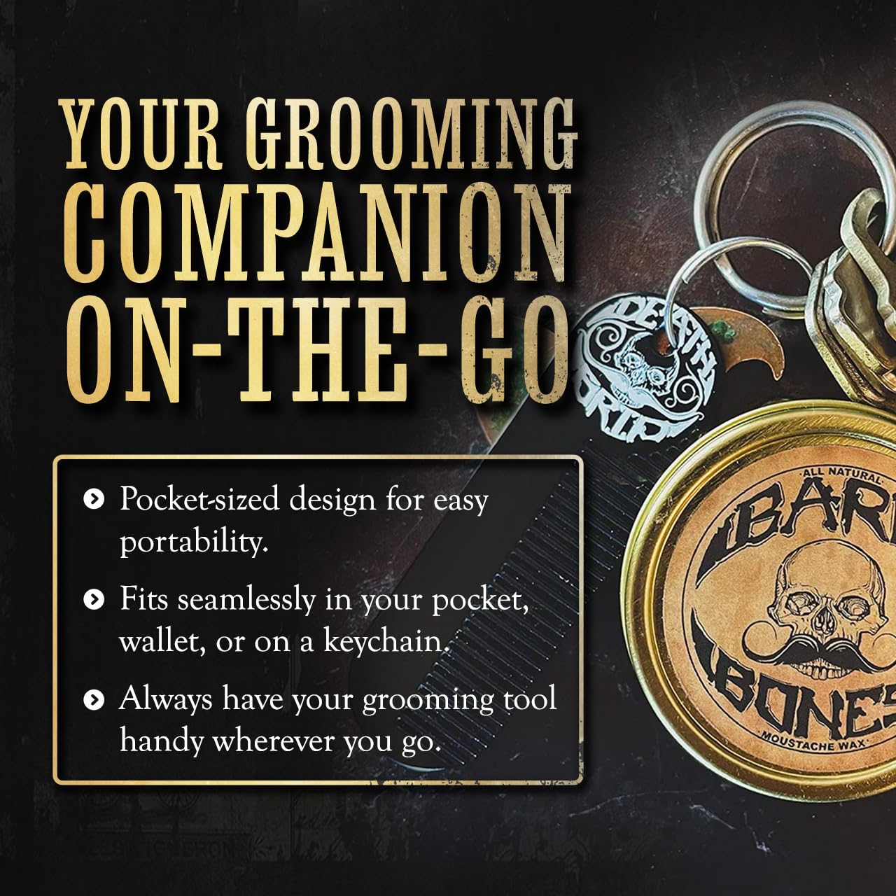 Mustache & Beard Comb Or Fine Tooth Moustache Pocket Metal Powder Coated Black Keychain Comb For Men - 3.25 x 1 Inches by Death Grip