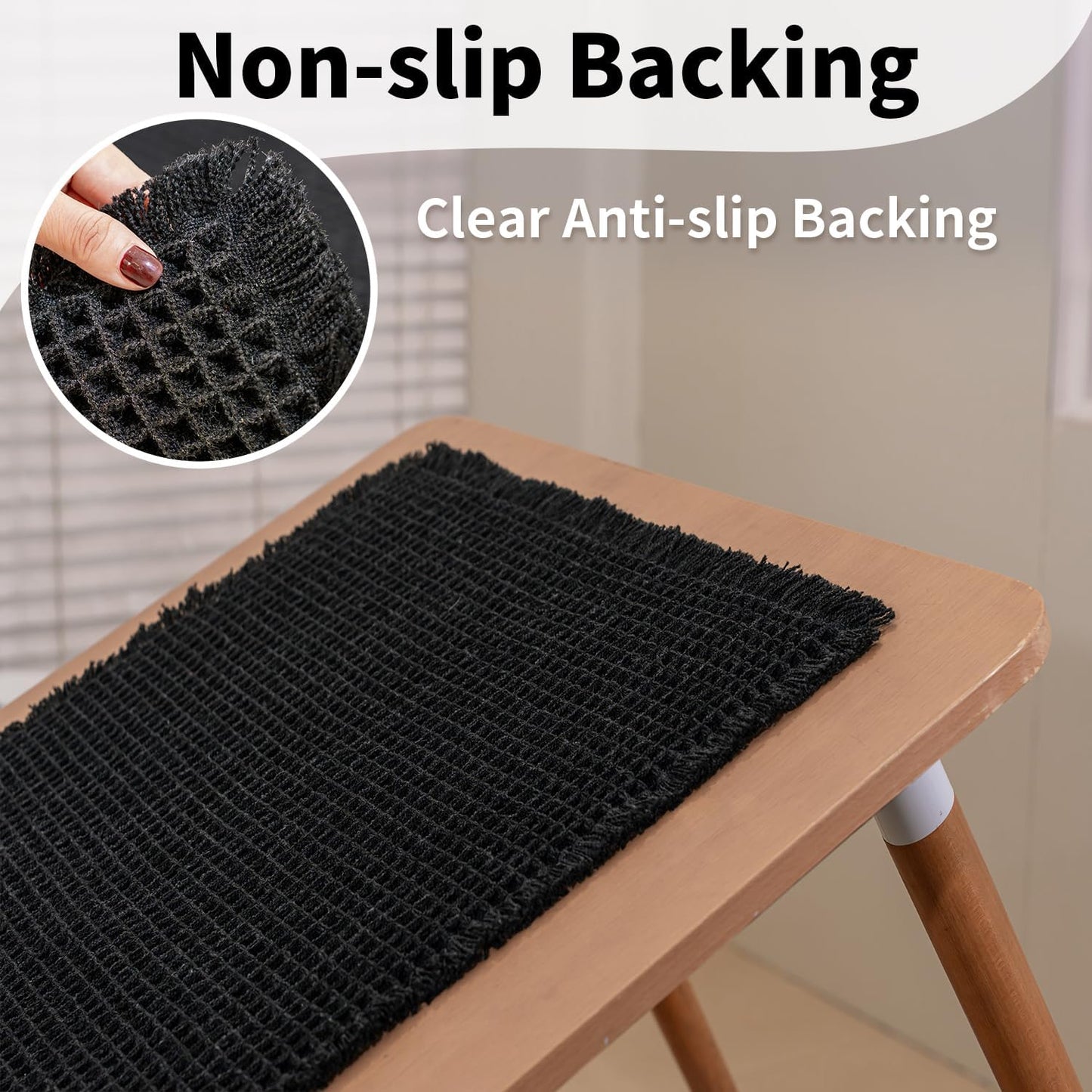 Black Long Bathroom Rug - Waffle Runner Bath Mat Non Slip Washable, Super Absorbent & Quick Dry, Boho Bath Mat Farmhouse Bathroom Decor, 24'' x 60'', Black