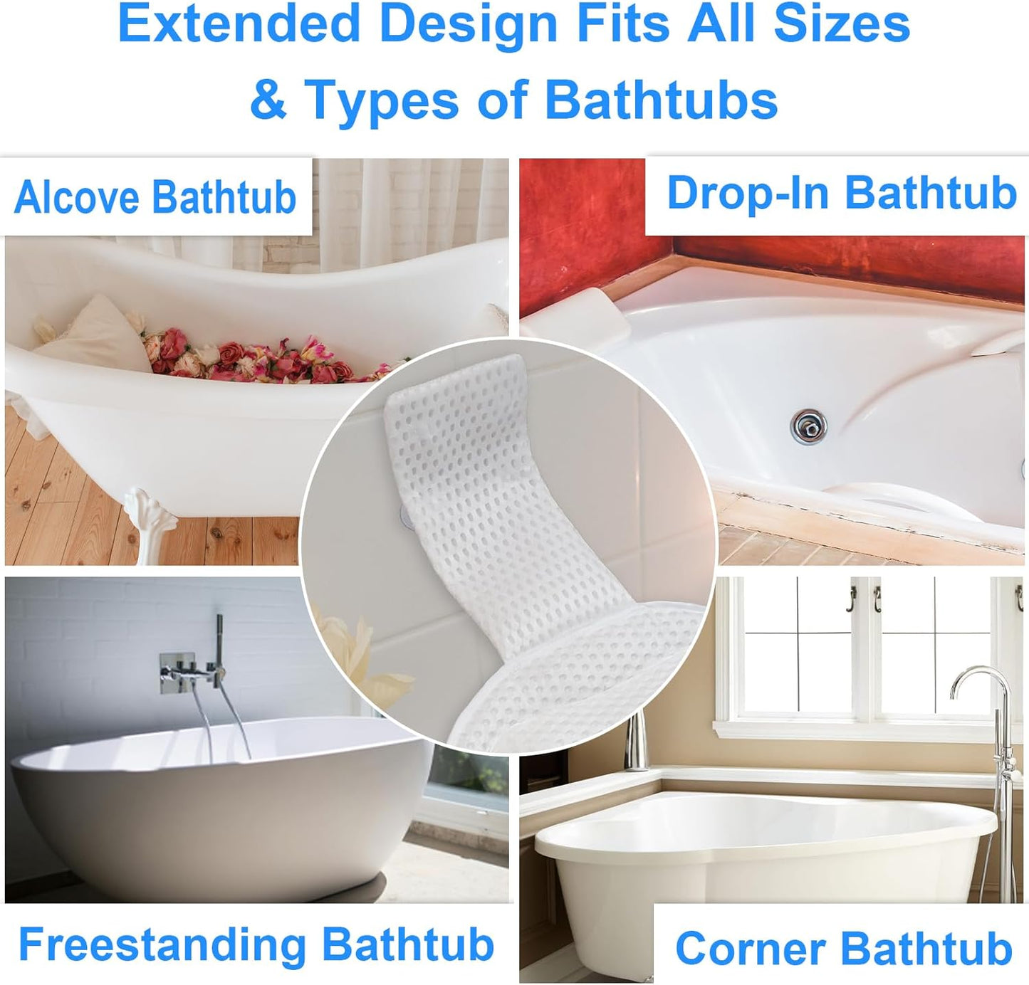 Ultra-Comfort Bathtub Pillow - 2 Sizes, Extra Thick & Soft, Quick-Dry, Anti-Detachment and Anti-Slip Suction Cups, Universal Fit for All Bathtubs, Machine Washable (Size Up)