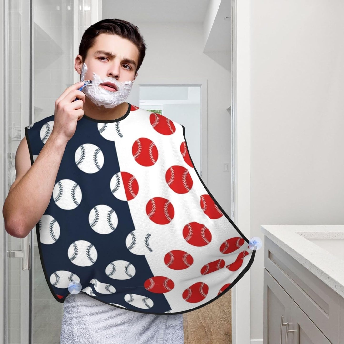 Adjustable Beard Bib, Non-Stick Hair Catcher Cape for Men's Shaving, Waterproof with 2 Suction Cups, Baseball American Flag Shave Bib