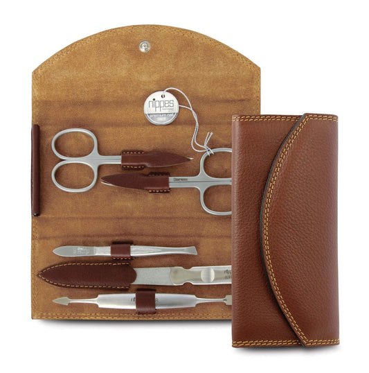 Nippes Solingen Manicure Set, 5-Piece, Stainless Steel and Nickel Free, Genuine Brown Cowhide Leather Case Made In Soligen Germany