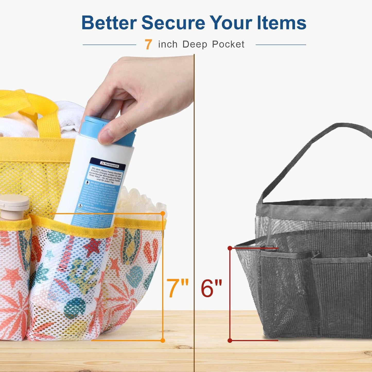 F-color Shower Caddy Portable - Mesh Shower Bag Basket Tote for College Dorm Room Essentials Bathroom Gym Camp Quick Dry for Women Men with S Hook, Yellow Beach