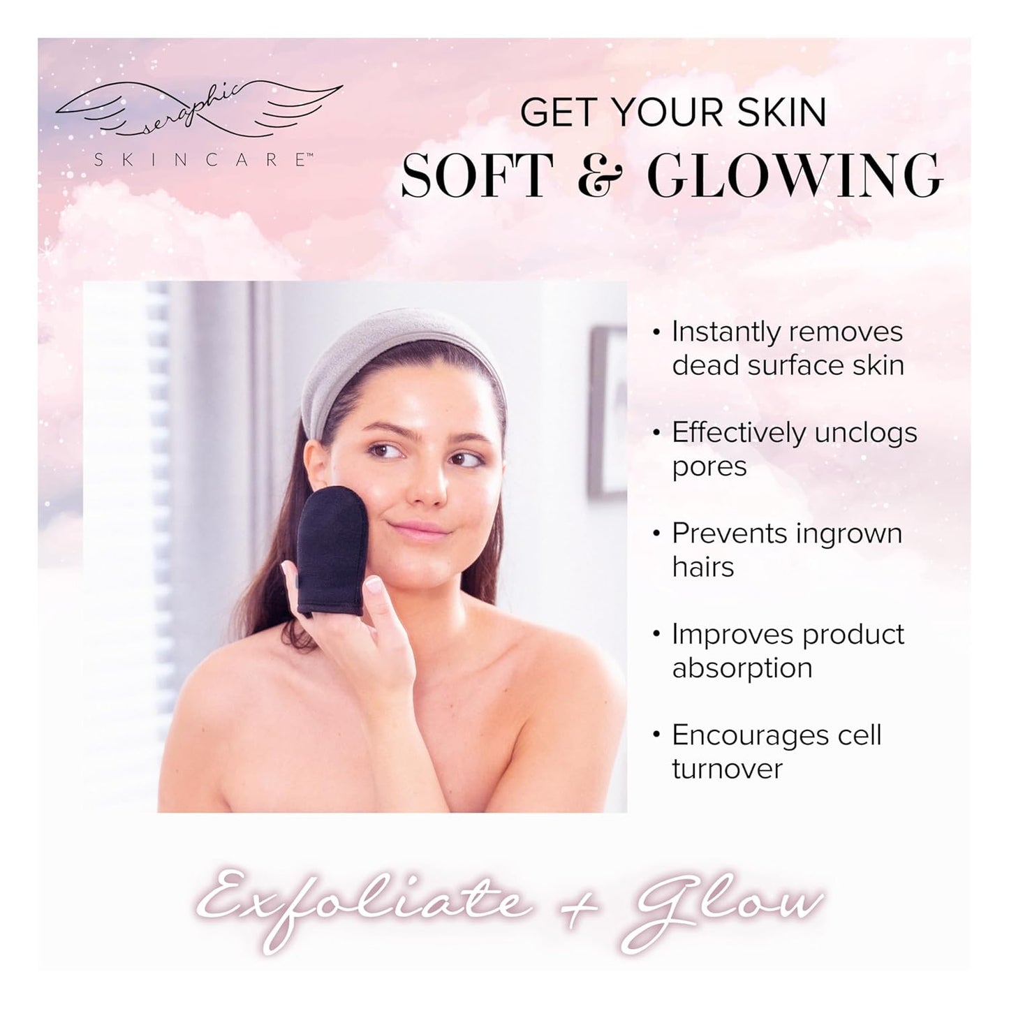 Seraphic Skincare Premium Exfoliating Facial Mitt – 100% Vegan Dual-Sided Face Scrubber with Viscose Washcloth – Makeup Remover Cloth for Gentle Cleansing & Exfoliation – Natural Dead Skin Remover