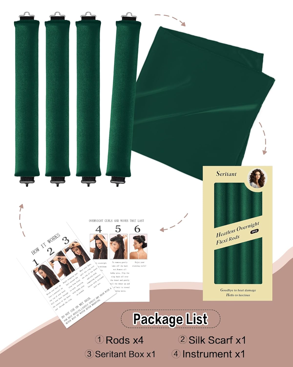 Heatless Curls Overnight Hair Curler - 4 Pcs Curling Rod to Sleep In, Velvet Hair Rollers with Satin Hair Scarf