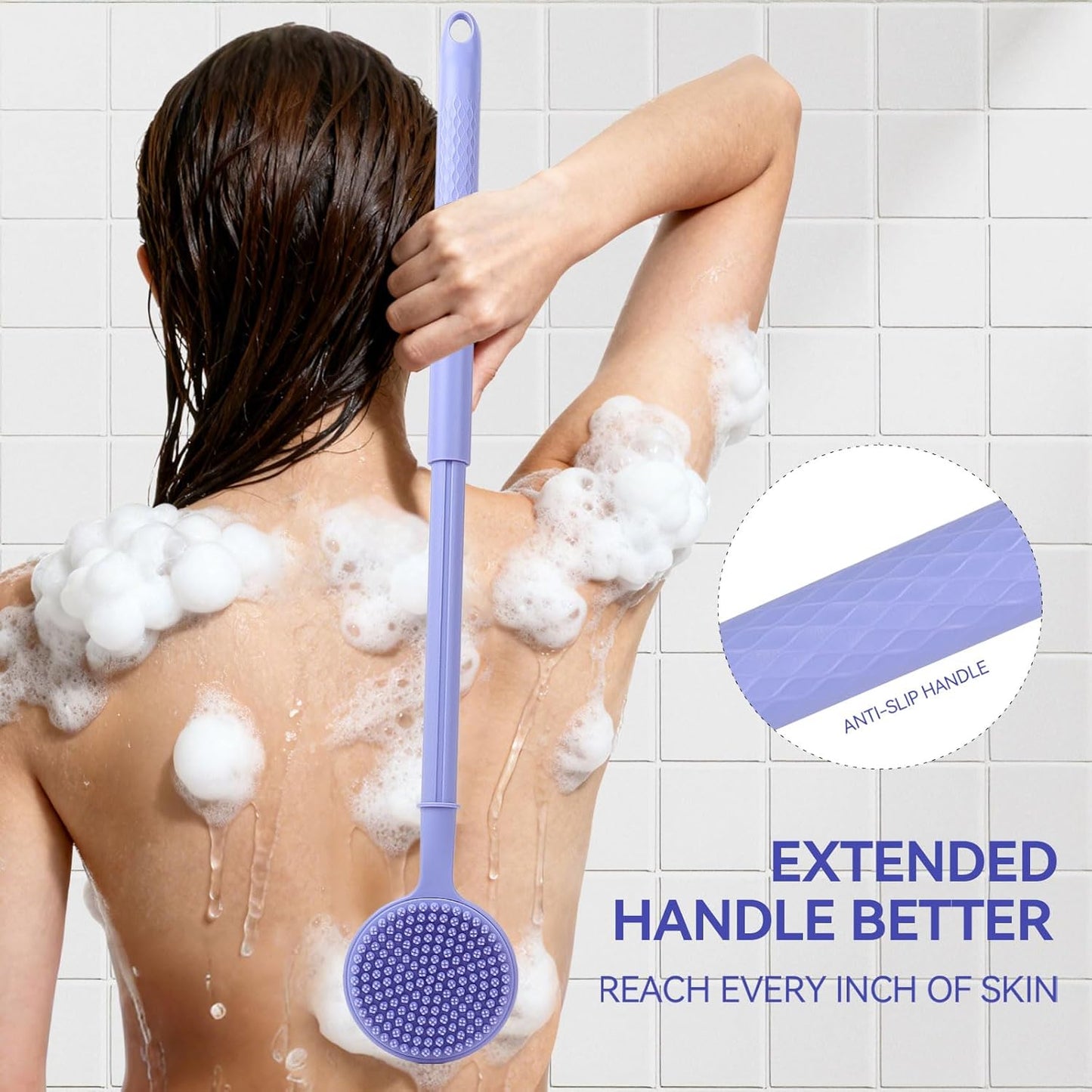 Back Scrubber for Shower, (16-24 Inch) Extendable Bath Brush Long Handle for Shower, Silicone Body Scrubber with Handle, Back Brush for Shower Men and Women,Easy to Clean (Purple)