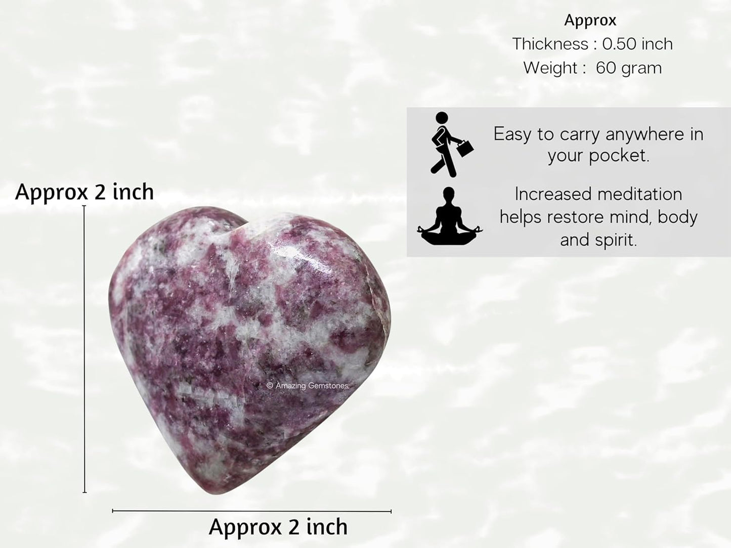 Lepidolite Crystal Heart Palm Stone - Pocket Massage Worry Stone for Natural Body Chakra Balancing, Reiki Healing and Crystal Grid