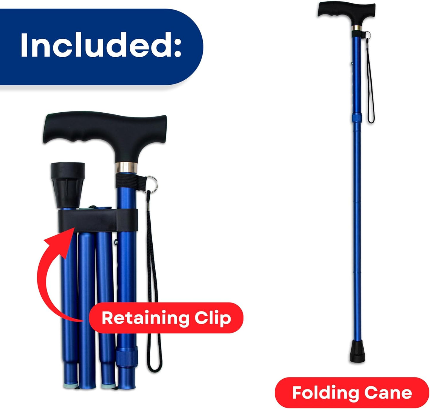 RMS Folding Cane - Foldable Walking Cane with Adjustable Height - Collapsible and Lightweight - Soft Ergonomic Handle for Comfortable Grip - Portable Walking Stick for Mobility Aid