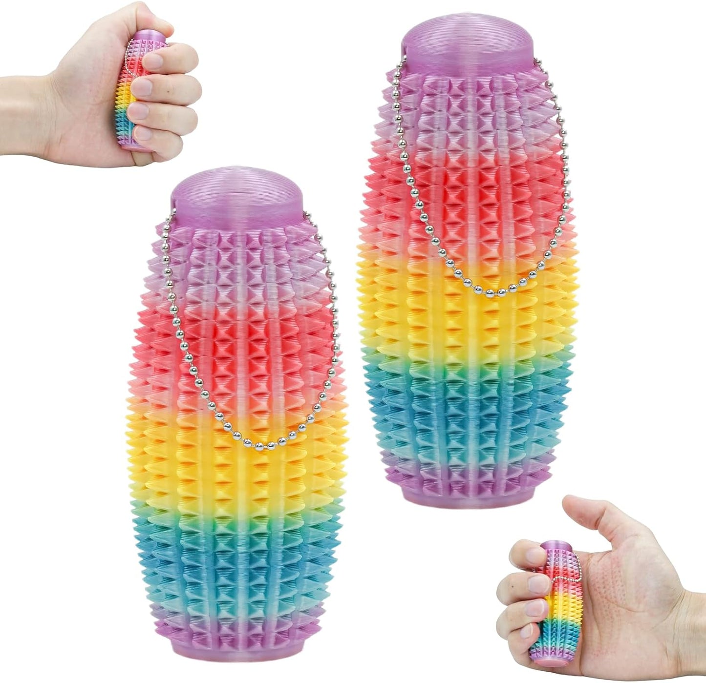 2 Pack Pain Stim Fidget Roller for Adults and Teens Spiky Sensory Hand Toy for Stress and Anxiety Relief, 3D Printed Discreet Keychain Fidget for Focus and Tactile Engagement(Rainbow+Rainbow)