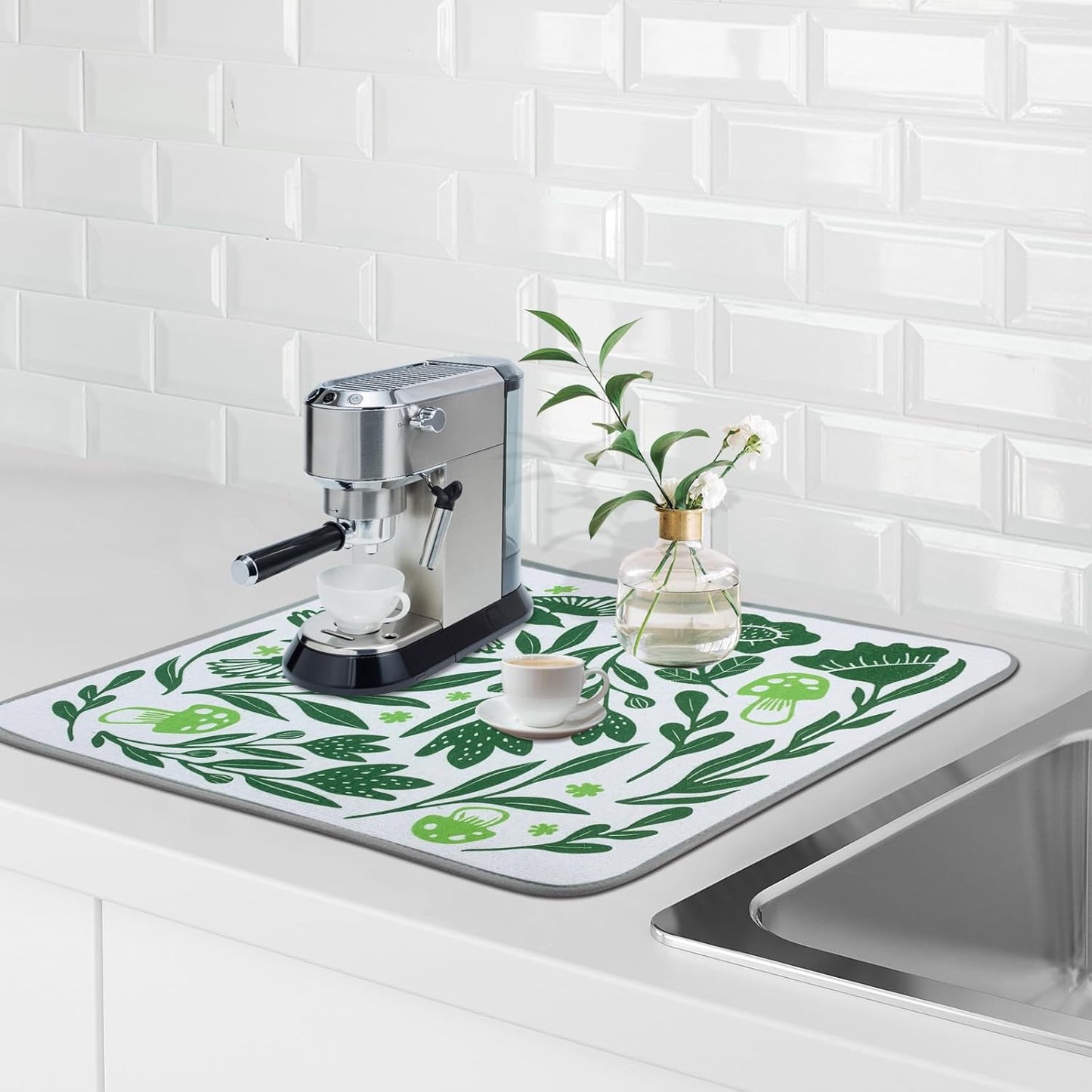 SHIYUE Dish Drying Mat for Kitchen Counter Super Absorbent Spring Kitchen Decor Microfiber Drying Matainers Rack Fast Pad Dish Drainer Mats(Green Flower Bird,18''x24'')