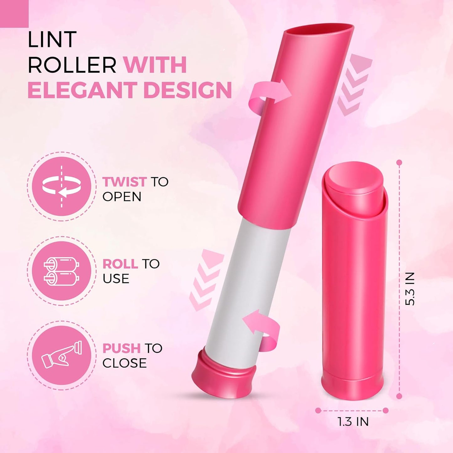 Portable Lint Roller with 100 Sticky Sheets, Mini Pet Hair Remover, Lint Roller for Cats, Dogs, Kids - Travel Roller for Clothes Backpack School - Small Retractable Fits in Pocket (Pink)
