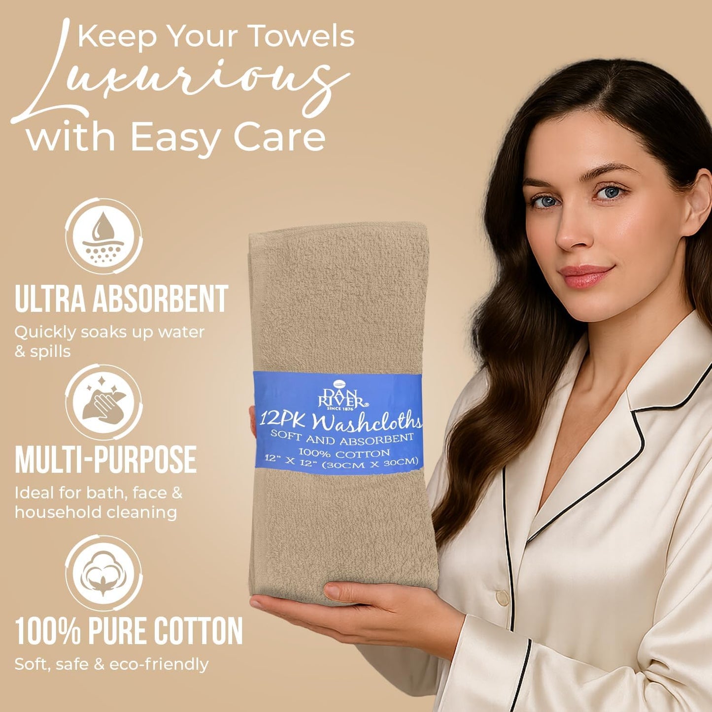 DAN RIVER 100% Cotton Wash Cloths 12 Pack [12x12] Soft & Absorbent washrags, Gym, Hotels & Spa Perfect for Everyday Use Fingertip Towels,Tan