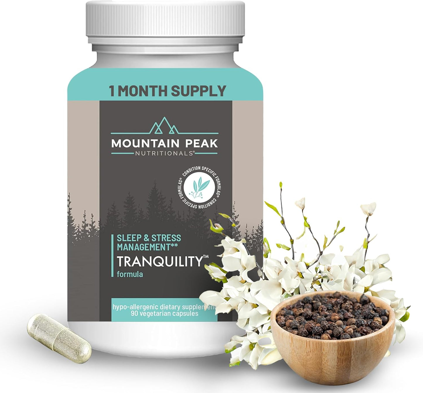Mountain Peak Nutritionals Tranquility Formula - Supports Brain Health, Sleep & Stress Management - Vitamin B6, Vitamin B12 and Adaptogens - Hypoallergenic Dietary Supplement (90 Vegetarian Capsules)