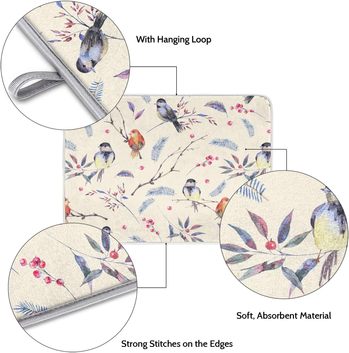 Hexteria Vintage Birds Dish Drying Mat Microfiber Kitchen Drying Mat Dish Drying Mats for Kitchen Counter Absorbent Quick Drying Pad 18x24 Inch