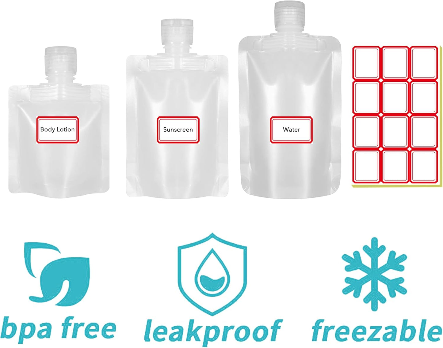 18 Pieces 3 Sizes 30ml/50ml/100ml Travel Size Refillable Empty Squeeze Pouch, Stand Up Pouch for Toiletry, Lotion Shampoo Shower Gel Squeezable Bags, Leakproof Cosmetic Containers