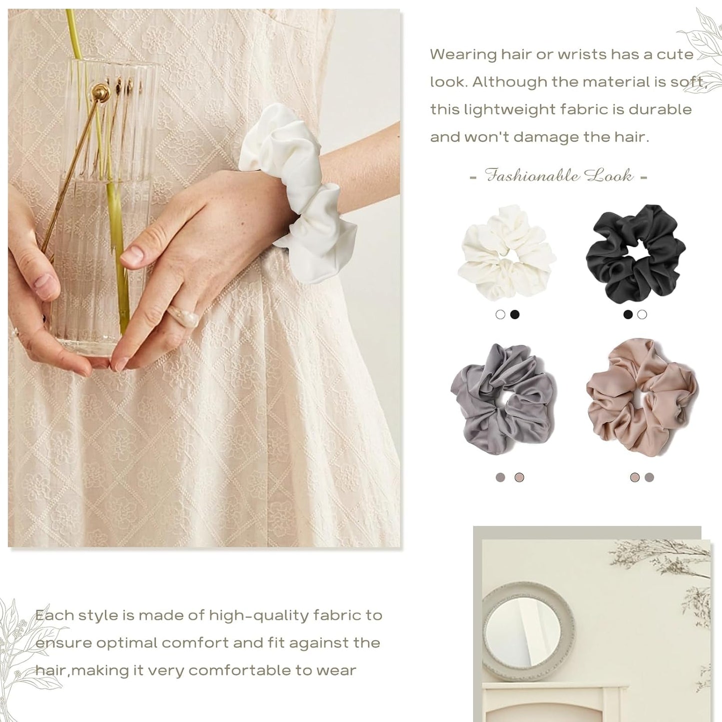 4PCS Large Satin Silk Scrunchies for Women - Big Glossy Scrunchie for Thick Hair Girl Hair Ties Ponytail Holders Jumbo Scrunchies (Black White Silver Champagne)