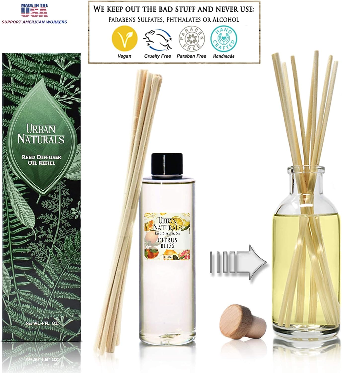 Urban Naturals Citrus Bliss Mandarin & Grapefruit Scented Reed Diffuser Oil Refill + Replacement Reed Sticks | Fresh, Bright Citrus Scent 4 oz.