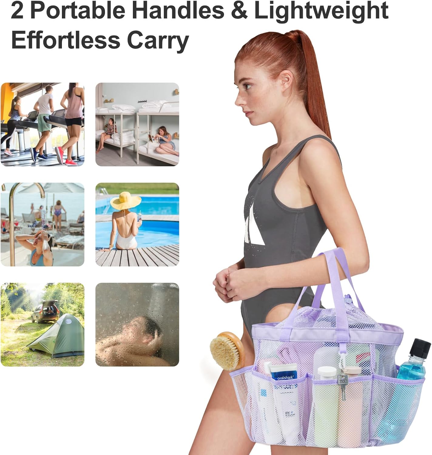 F-color Mesh Shower Caddy Portable with Drawstring - Upgrade Deeper 7 Pockets Dorm Room Essentials for Guys Girls with S Hook, Shower Bag Basket Tote for College Camping Bathroom, 2 Pack Purple & Pink