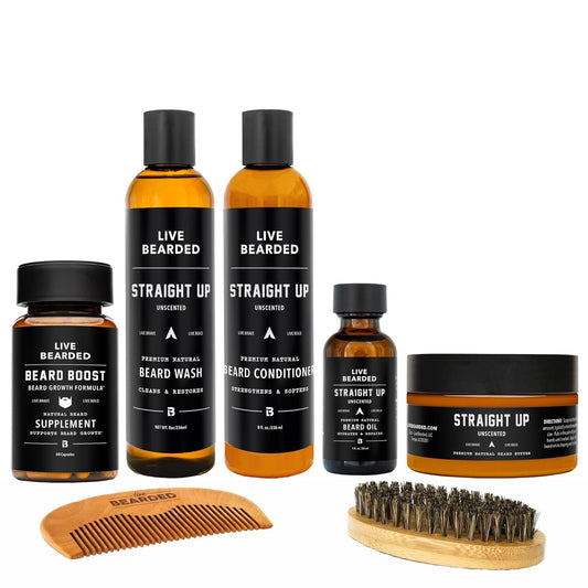Live Bearded Total Beardsman Kit - Complete Beard Growth Kit for Men - Beard Oil, Butter, Wash, Conditioner, Vitamins, Comb, Brush | Straight Up - Fragrance-Free