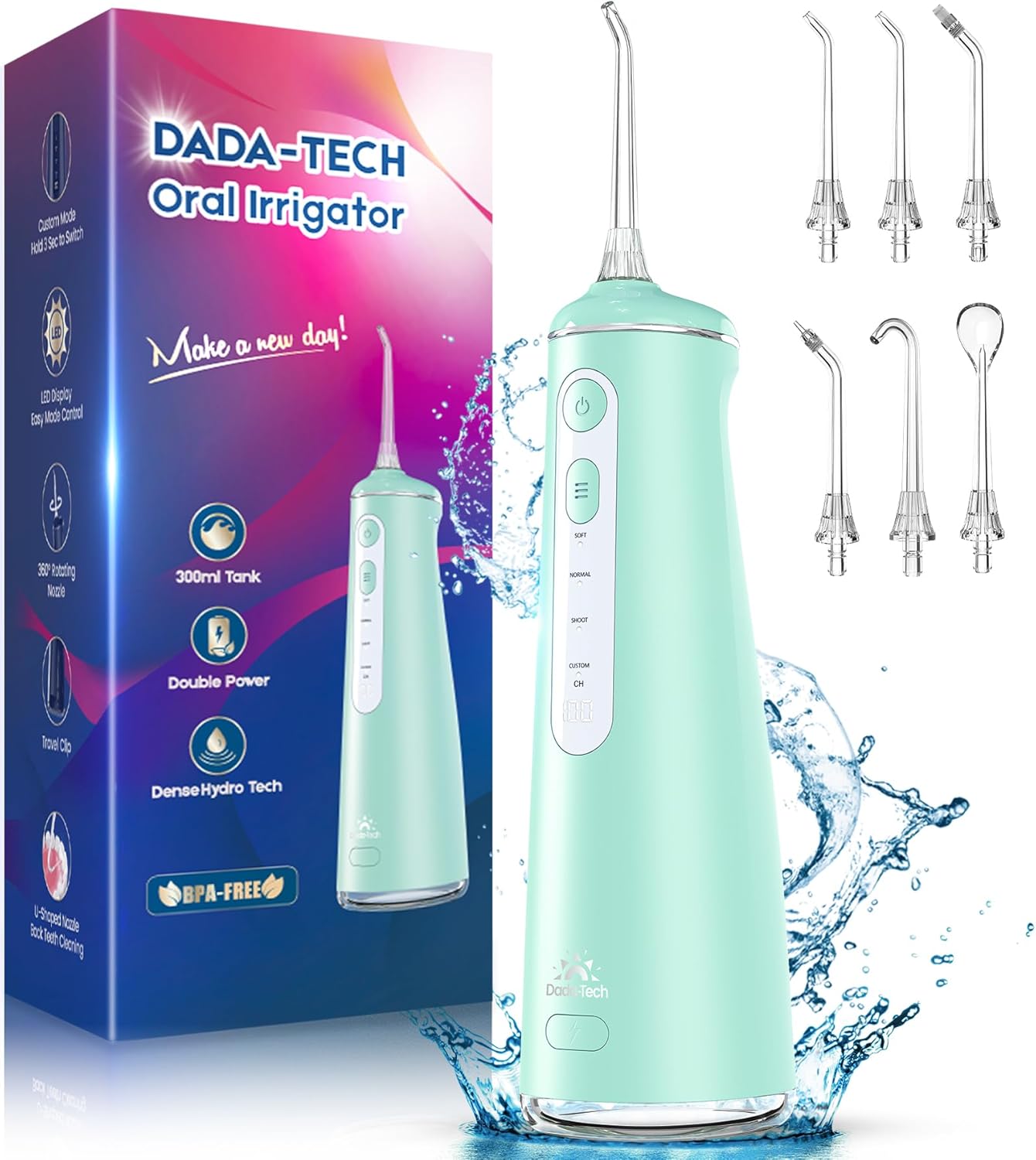 Water Flosser for Teeth, Cordless Oral Irrigator Portable Dental Cleaner Picks with 8 DIY Modes 7 Jets 300ml Tank Braces Flossers Rechargeable (Green)