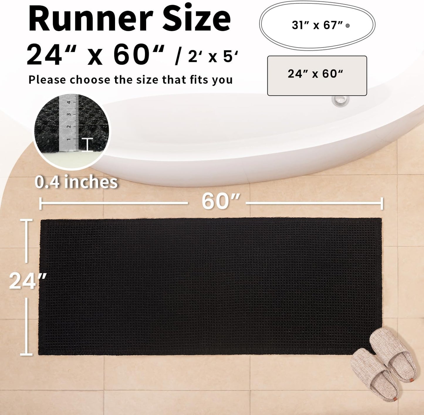 Black Long Bathroom Rug - Waffle Runner Bath Mat Non Slip Washable, Super Absorbent & Quick Dry, Boho Bath Mat Farmhouse Bathroom Decor, 24'' x 60'', Black