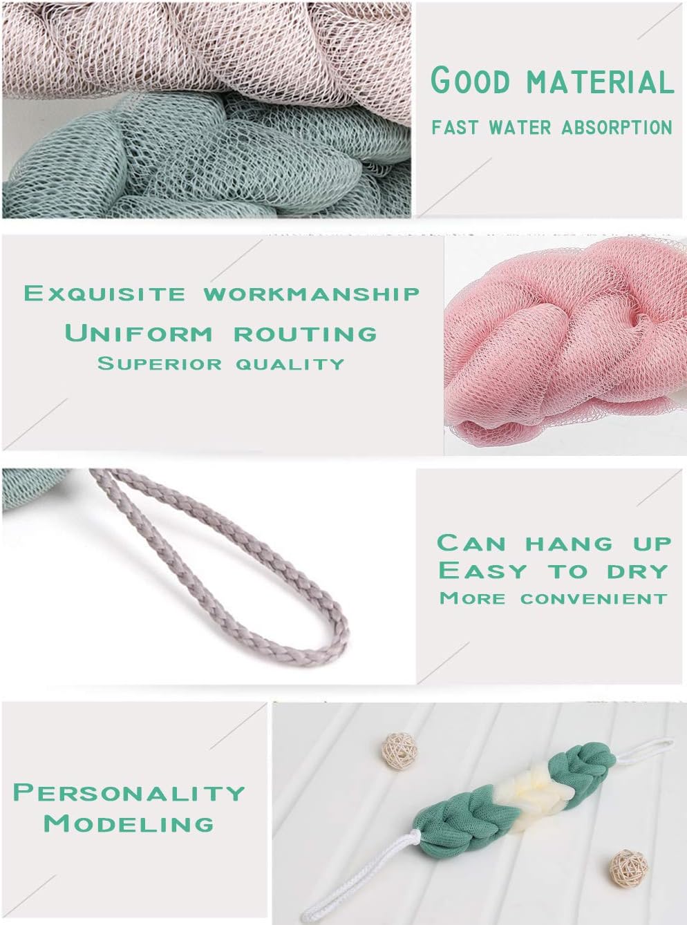 AARainbow 4 Packs Long Stretch Back Sponge with Rope Handles Back Scrubber Bath Shower Mesh Sponge Exfoliating Body Scrub Stretch Braided Loofah for Men and Women (B-1 Grey+1 Green+1 Pink+1 Coffee)