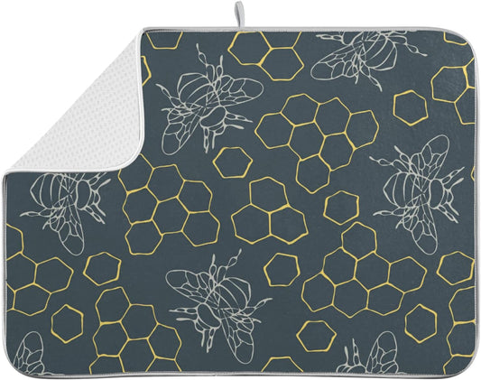 Dish Drying Mat for Kitchen Counter Bees and Golden Hive Absorbent Microfiber Drying Pad Dish Drainer Mat 18 x 16 Inch Reversible Bottles Dish Dry Pad