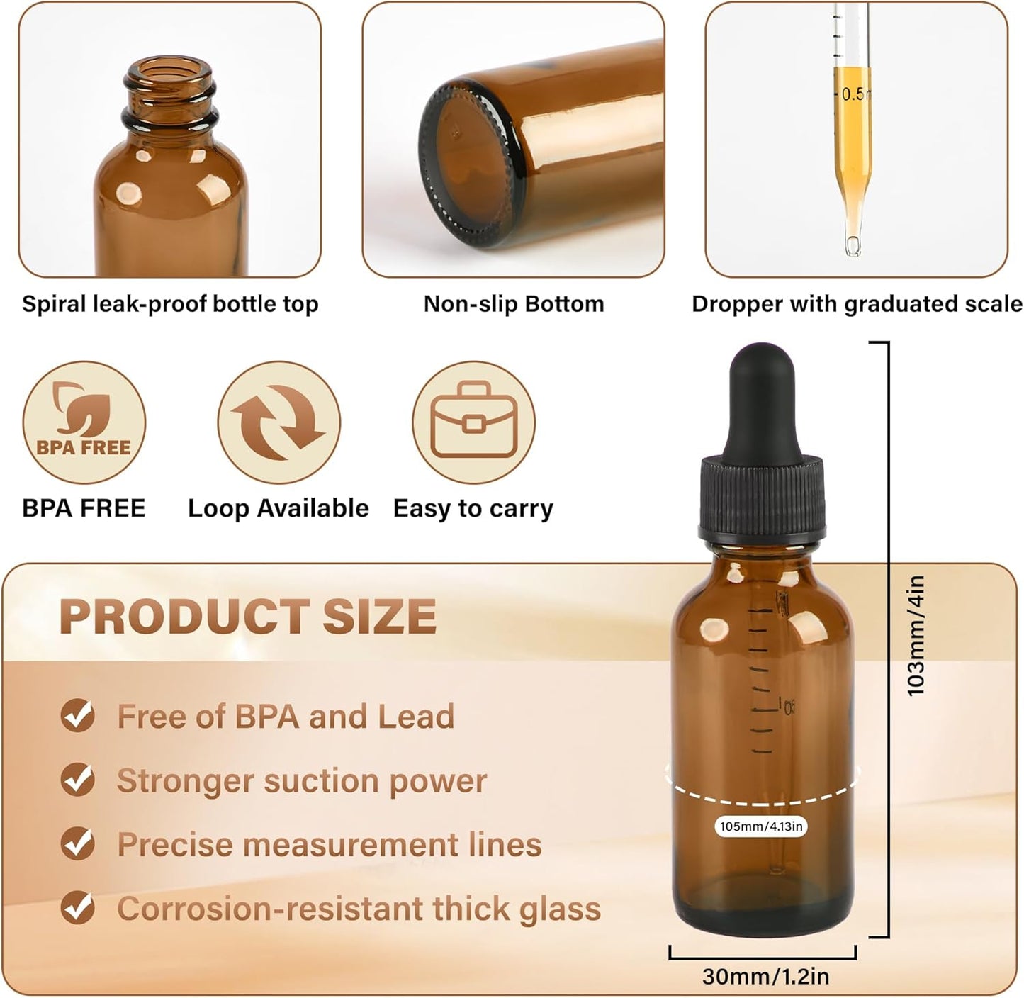 12 Pcs, 1oz Amber Glass Eye Dropper Bottle, Tincture Bottles with Leak-Proof Design, Stronger Suction, for All Kinds of Mixed Liquids