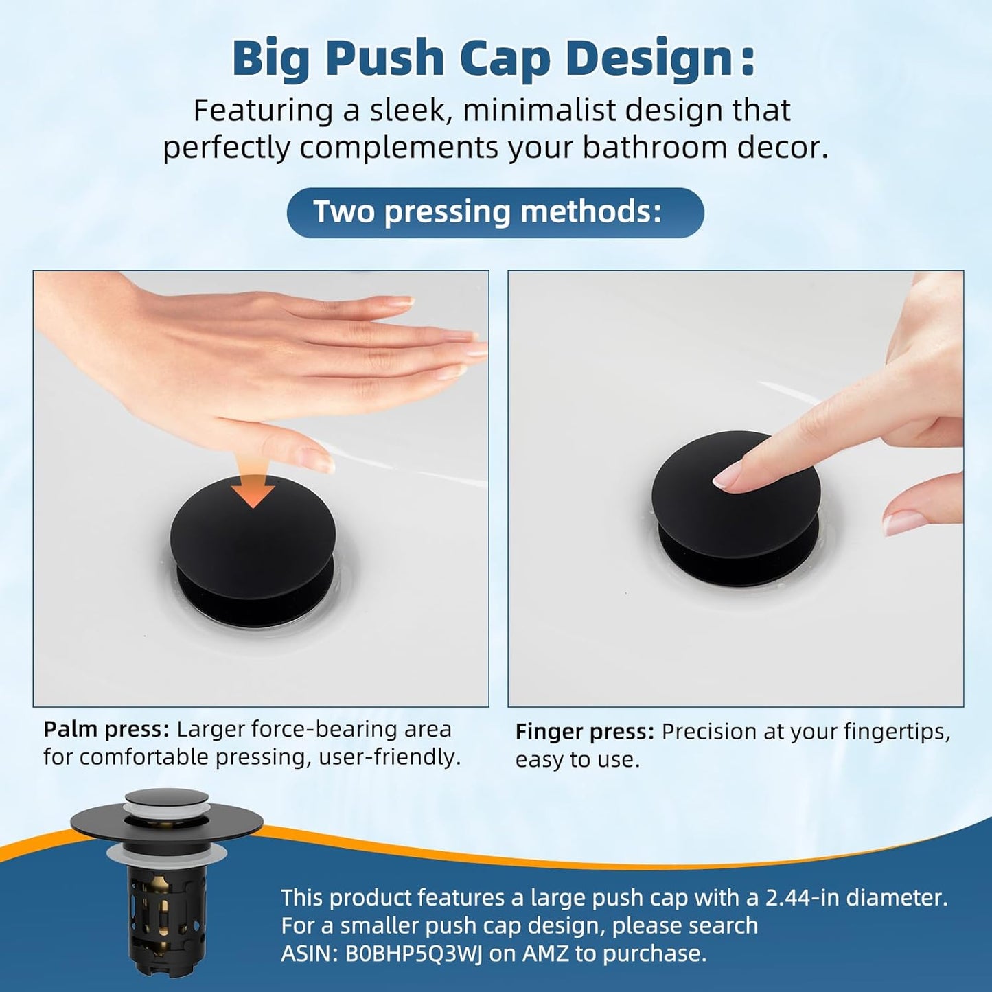 Hibbent Upgraded 3 in 1 Bathroom Sink Drain Strainer, Pop Up Sink Stopper with Big Push Cap, Anti-Clogging Metal Filter Basket,Sink Plug with Hair Catcher for 1.1''~2.36'' Basin, Matte Black