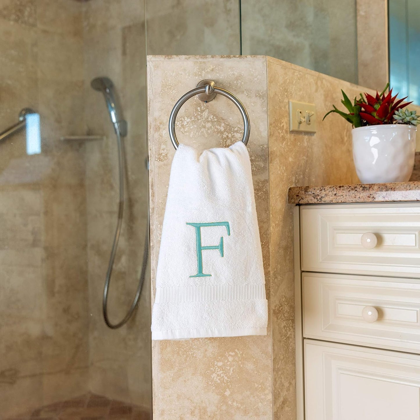 Teal Monogrammed Hand Towel for Bathroom - Initial Hotel Quality Decorative Embroidered Luxury Towel for Powder Room, Spa - GOTS Organic Certified - Pack of 2, Letter F